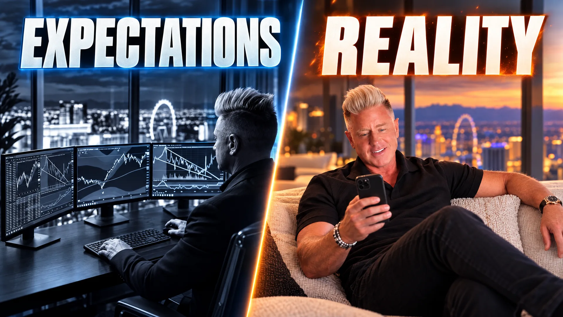 Expectations and reality: a trader at a wall of screens, and J Bravo on his couch trading from his phone