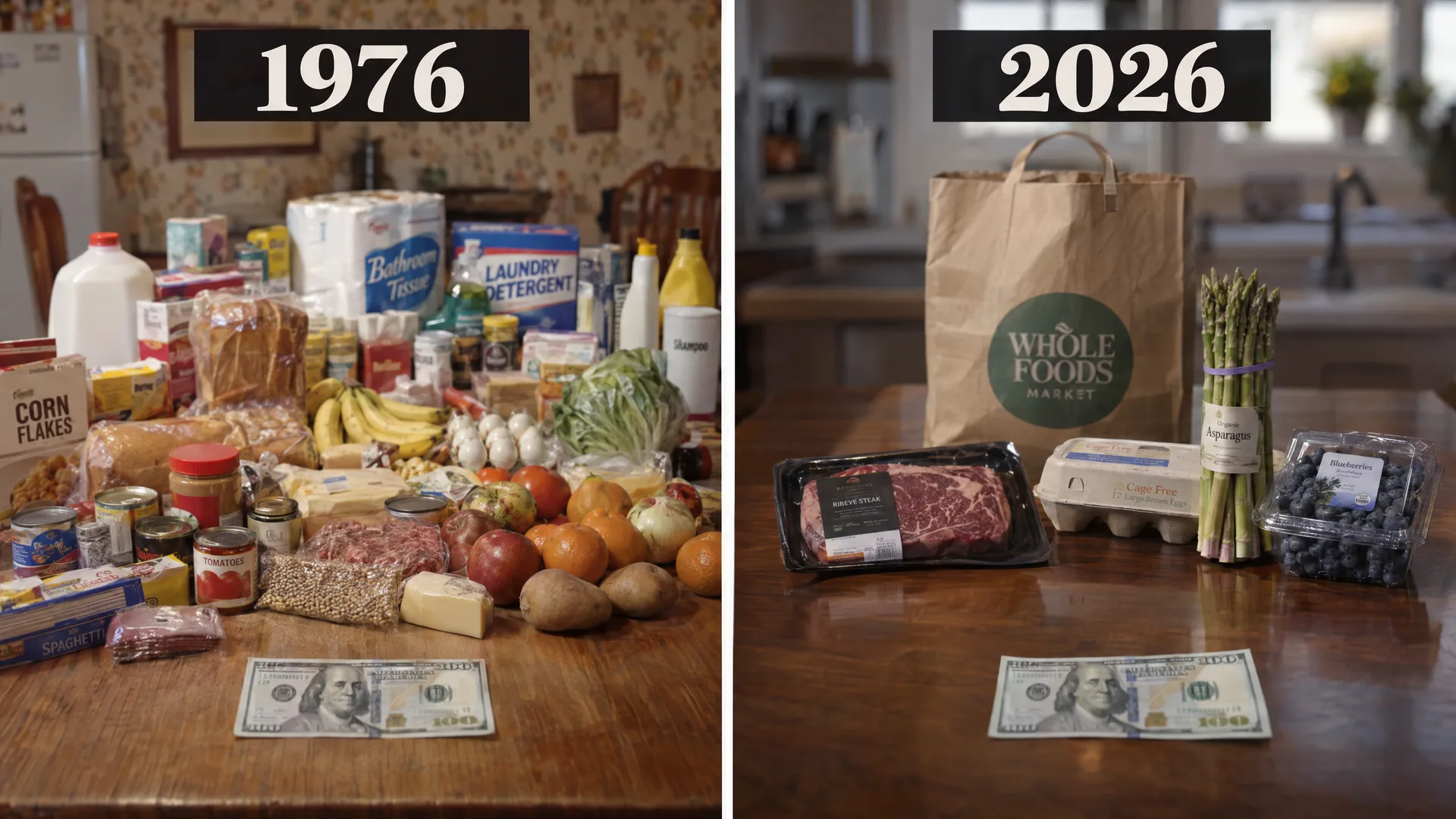 A table full of groceries next to a $100 bill in 1976, and one small bag of groceries next to a $100 bill in 2026
