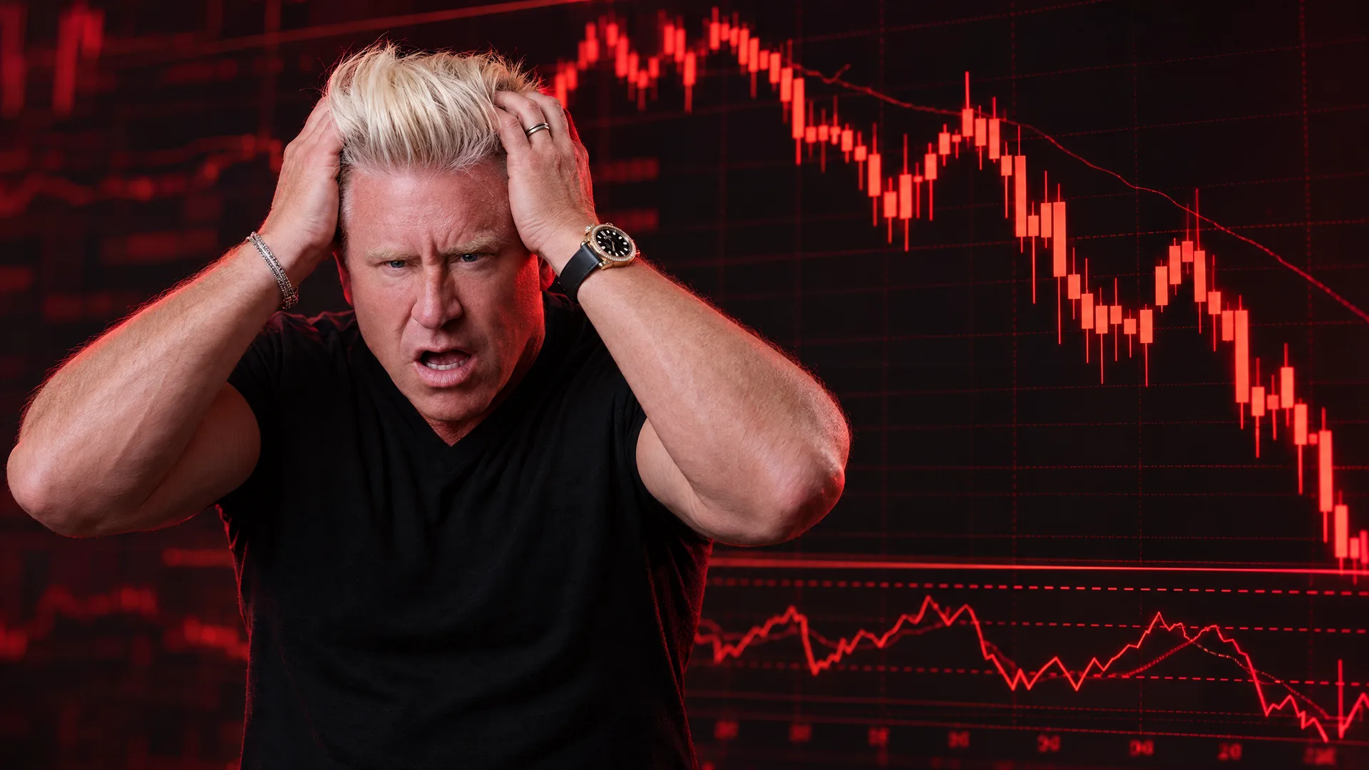 J Bravo holding his head in front of a falling red chart