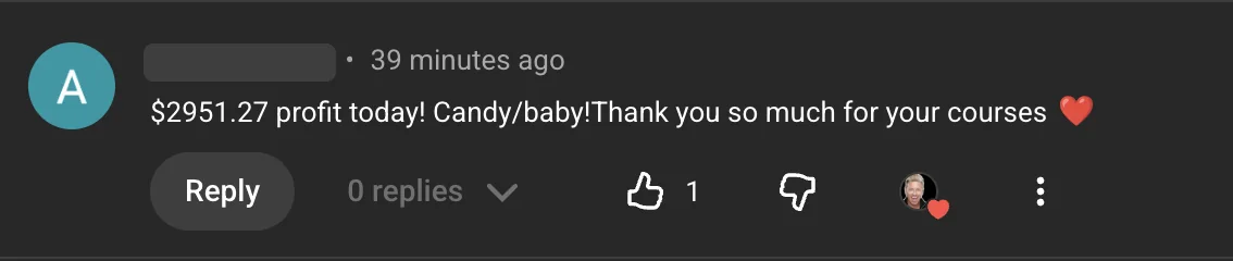 YouTube comment from Angie V., the original screenshot: “$2951.27 profit today! Candy/baby!Thank you so much for your courses”